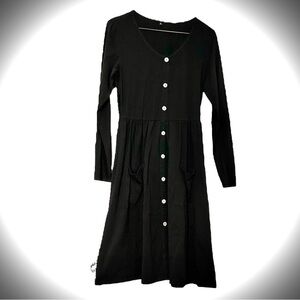 No Brand Dress Cottagecore Black Wooden Buttons Scoop Neck Long Sleeve Pockets